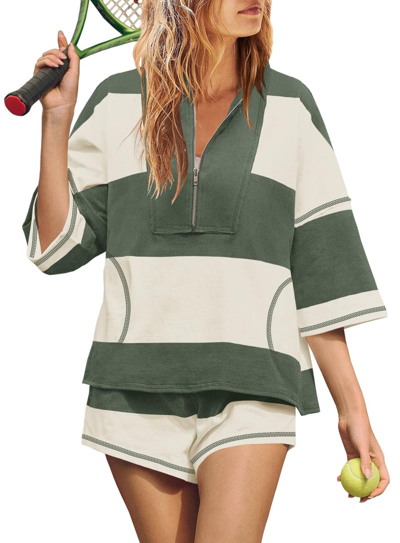 Yanekop Womens 2 Piece Outfits Summer Striped Lounge Set Two Piece Matching Workout Sets Oversized Short Sets Tracksuits(Army Green,S) - Image 1