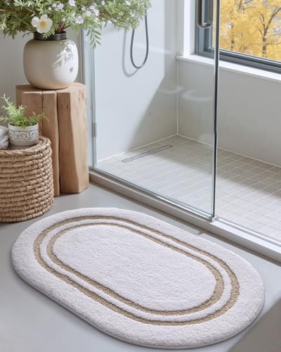 DEXI Oval Bath Mats for Bathroom, 17x30 Absorbent Bath Mat, Washable Microfiber Bathroom Rug with Non Slip Backing for Shower Floor, Beige - Image 3
