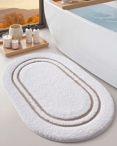 DEXI Oval Bath Mats for Bathroom, 17x30 Absorbent Bath Mat, Washable Microfiber Bathroom Rug with Non Slip Backing for Shower Floor, Beige - Image 1