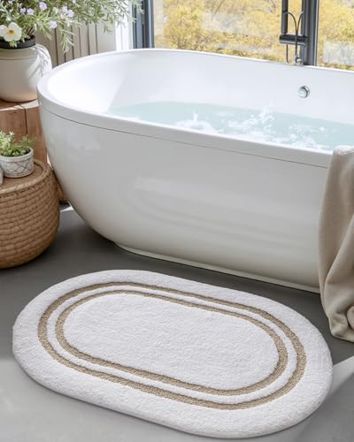 DEXI Oval Bath Mats for Bathroom, 17x30 Absorbent Bath Mat, Washable Microfiber Bathroom Rug with Non Slip Backing for Shower Floor, Beige - Image 5
