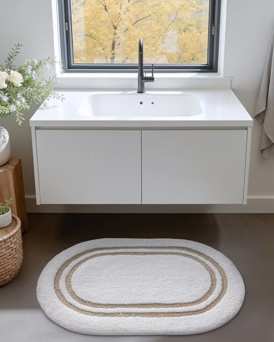 DEXI Oval Bath Mats for Bathroom, 17x30 Absorbent Bath Mat, Washable Microfiber Bathroom Rug with Non Slip Backing for Shower Floor, Beige - Image 4
