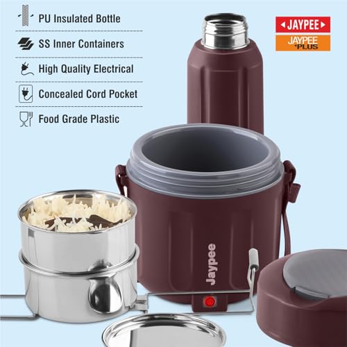JAYPEE Etosip Auto Cut Off Electric Lunch Box with 2 Stainless Steel containers 275X2 ml & Insulated Steel Water Bottle for Office, Easy to Carry Tiffin Convenience case for Power Cord,Maroon - Image 3