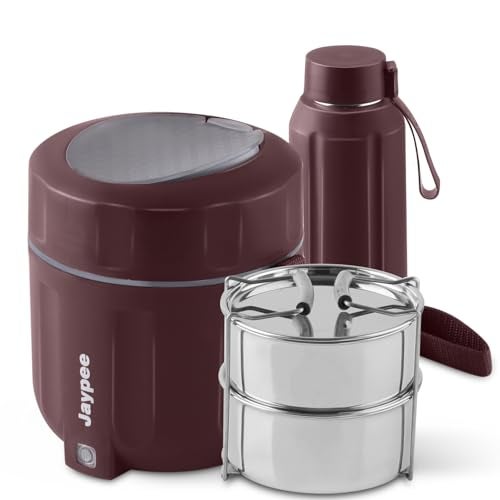 JAYPEE Etosip Auto Cut Off Electric Lunch Box with 2 Stainless Steel containers 275X2 ml & Insulated Steel Water Bottle for Office, Easy to Carry Tiffin Convenience case for Power Cord,Maroon - Image 1