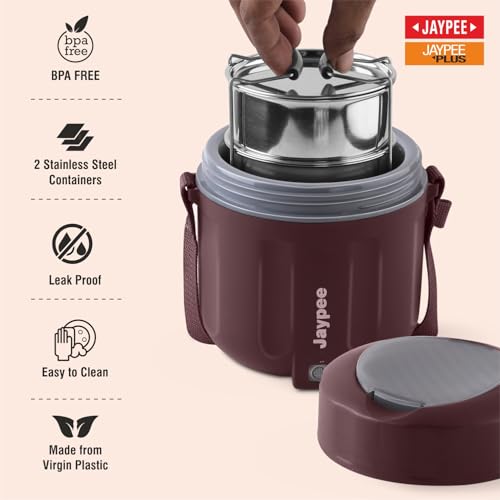 JAYPEE Etosip Auto Cut Off Electric Lunch Box with 2 Stainless Steel containers 275X2 ml & Insulated Steel Water Bottle for Office, Easy to Carry Tiffin Convenience case for Power Cord,Maroon - Image 4