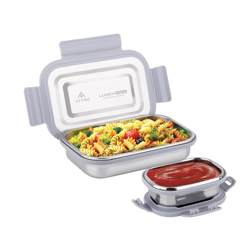 ATTRO صندوق غداء Lunchmate من الفولاذ المقاوم للصدأ مع حاوية صغيرة واحدة محكمة الإغلاق ومضادة للتسرب خالية من BPA مثالية للمكتب والمدرسة والنزهات، 800 مل + 180 مل - رمادي - Image 1