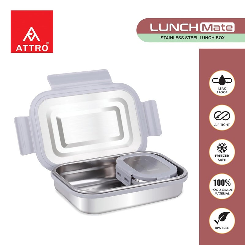 ATTRO صندوق غداء Lunchmate من الفولاذ المقاوم للصدأ مع حاوية صغيرة واحدة محكمة الإغلاق ومضادة للتسرب خالية من BPA مثالية للمكتب والمدرسة والنزهات، 800 مل + 180 مل - رمادي - Image 4