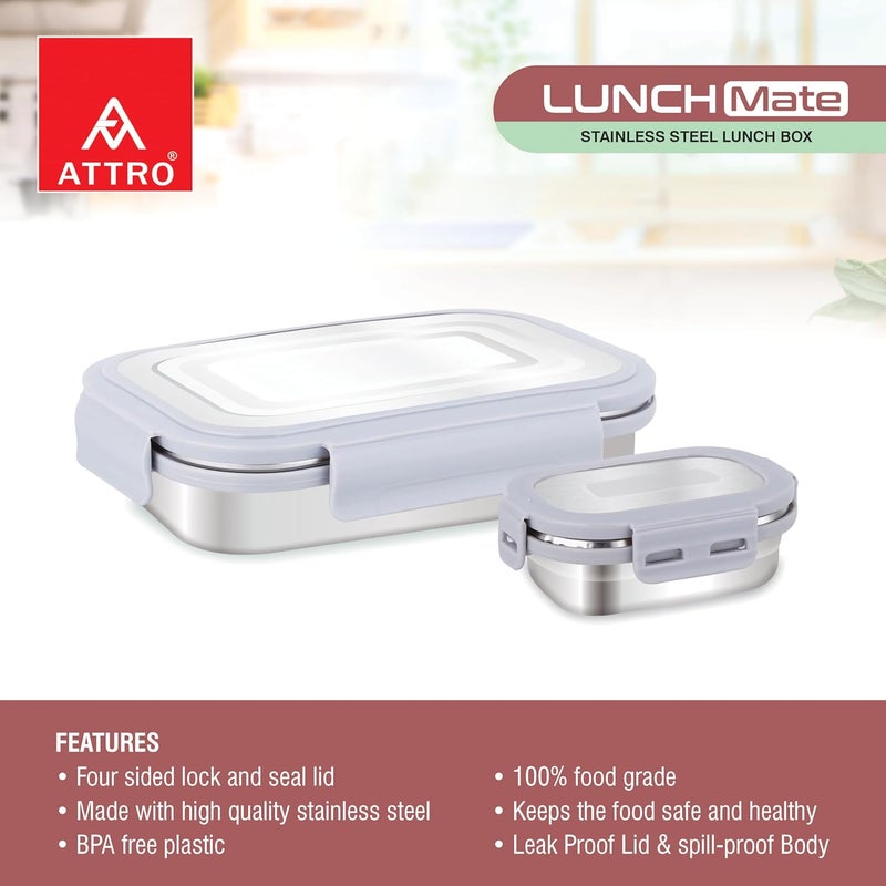 ATTRO صندوق غداء Lunchmate من الفولاذ المقاوم للصدأ مع حاوية صغيرة واحدة محكمة الإغلاق ومضادة للتسرب خالية من BPA مثالية للمكتب والمدرسة والنزهات، 800 مل + 180 مل - رمادي - Image 5