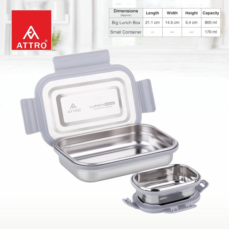 ATTRO صندوق غداء Lunchmate من الفولاذ المقاوم للصدأ مع حاوية صغيرة واحدة محكمة الإغلاق ومضادة للتسرب خالية من BPA مثالية للمكتب والمدرسة والنزهات، 800 مل + 180 مل - رمادي - Image 3