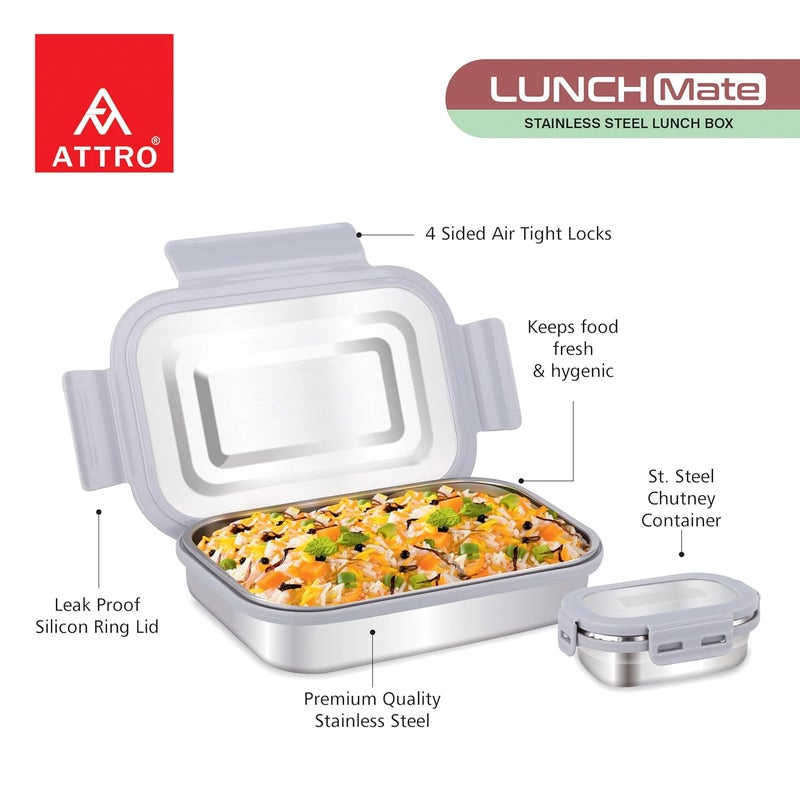ATTRO صندوق غداء Lunchmate من الفولاذ المقاوم للصدأ مع حاوية صغيرة واحدة محكمة الإغلاق ومضادة للتسرب خالية من BPA مثالية للمكتب والمدرسة والنزهات، 800 مل + 180 مل - رمادي - Image 2