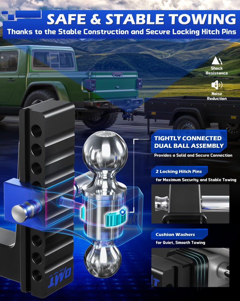 Orion Motor Tech Adjustable Trailer Hitch, Fits 2 in Receiver 8 in Drop & Rise Hitch, 12500 LBS GTW, Class 3, 4 Hitch, Heavy Duty Aluminum Drop Hitch for Truck with Three Anti-Theft Locking Hitch Pins - Image 3