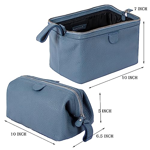 KomalC Large Premium Leather toiletry bag for Men and Women, travel utility Dopp kit wash bag (Blue) - Image 2