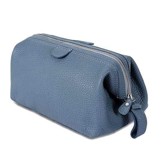 KomalC Large Premium Leather toiletry bag for Men and Women, travel utility Dopp kit wash bag (Blue) - Image 1