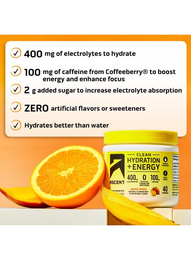 أسينت مسحوق إلكتروليتات الترطيب والطاقة من Ascent Clean - 100 ملجم من الكافيين، 400 ملجم من الإلكتروليتات، بدون مكونات صناعية، برتقال مانجو، 40 وجبة - Image 2