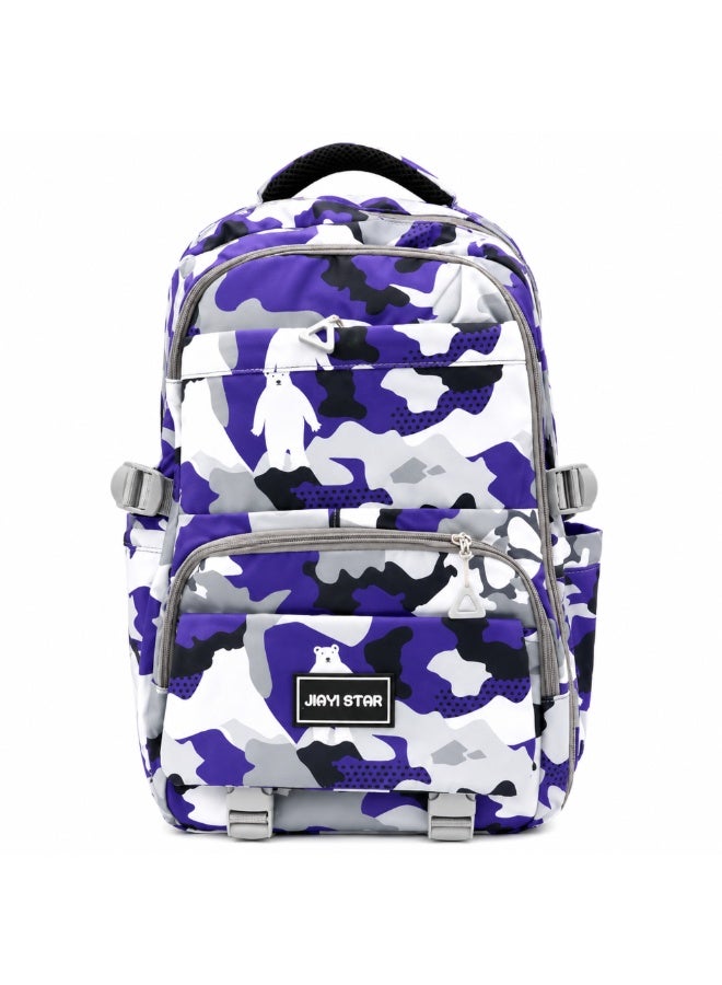 حقيبة مدرسية Urban Camo البنفسجية، حقيبة ظهر بنقشة التمويه بسعة كبيرة مع حجرات متعددة، حقيبة طلابية خفيفة الوزن مزودة بجيوب جانبية لحمل زجاجات المياه، مثالية للمدرسة والجامعة والسفر والعمل والاستخدام اليومي