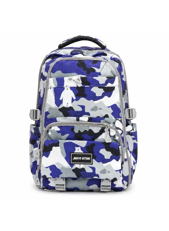 حقيبة مدرسية Urban Camo البنفسجية، حقيبة ظهر بنقشة التمويه بسعة كبيرة مع حجرات متعددة، حقيبة طلابية خفيفة الوزن مزودة بجيوب جانبية لحمل زجاجات المياه، مثالية للمدرسة والجامعة والسفر والعمل والاستخدام اليومي - Image 1