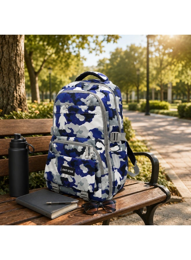حقيبة مدرسية Urban Camo البنفسجية، حقيبة ظهر بنقشة التمويه بسعة كبيرة مع حجرات متعددة، حقيبة طلابية خفيفة الوزن مزودة بجيوب جانبية لحمل زجاجات المياه، مثالية للمدرسة والجامعة والسفر والعمل والاستخدام اليومي - Image 5