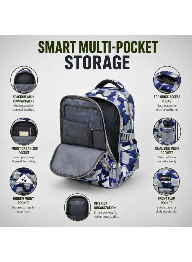 حقيبة مدرسية Urban Camo البنفسجية، حقيبة ظهر بنقشة التمويه بسعة كبيرة مع حجرات متعددة، حقيبة طلابية خفيفة الوزن مزودة بجيوب جانبية لحمل زجاجات المياه، مثالية للمدرسة والجامعة والسفر والعمل والاستخدام اليومي - Image 4