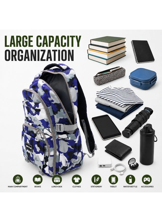 حقيبة مدرسية Urban Camo البنفسجية، حقيبة ظهر بنقشة التمويه بسعة كبيرة مع حجرات متعددة، حقيبة طلابية خفيفة الوزن مزودة بجيوب جانبية لحمل زجاجات المياه، مثالية للمدرسة والجامعة والسفر والعمل والاستخدام اليومي - Image 2
