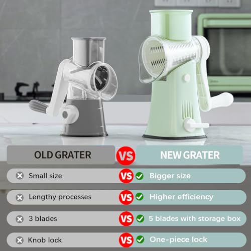 VEKAYA Rotary Cheese Grater, 5 in 1 Cheese Grater with Handle, Replaceable Stainless Blades Cheese Shredder, Cheese Vegetable Slicer, Easy to Clean Kitchen Gadgets with Storage Box - Image 3