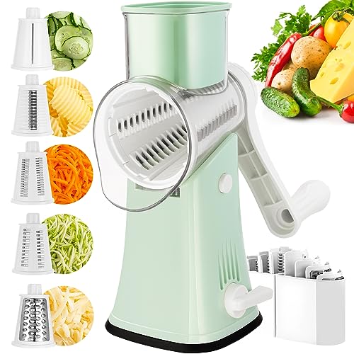 VEKAYA Rotary Cheese Grater, 5 in 1 Cheese Grater with Handle, Replaceable Stainless Blades Cheese Shredder, Cheese Vegetable Slicer, Easy to Clean Kitchen Gadgets with Storage Box - Image 1