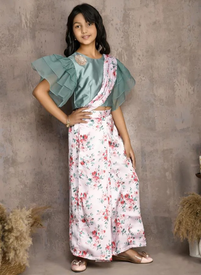 LILPICKS Frill Sleeve Blouse with Floral Print Saree