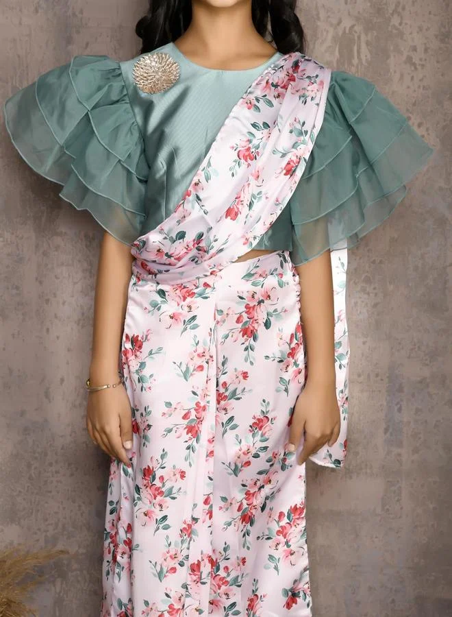 LILPICKS Frill Sleeve Blouse with Floral Print Saree