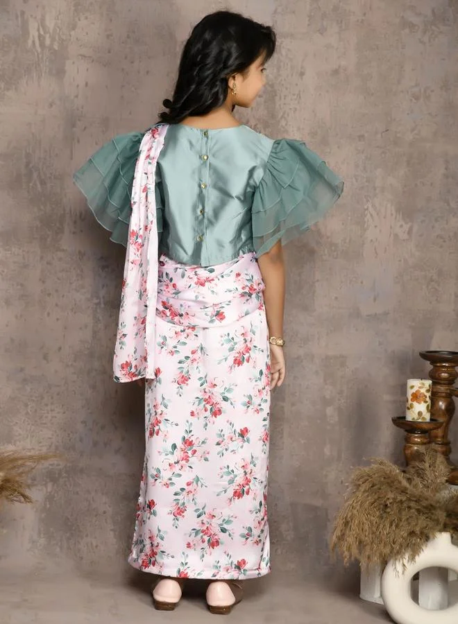 LILPICKS Frill Sleeve Blouse with Floral Print Saree