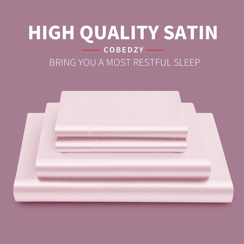 COBEDZY 4 PCS Bloush Pink Satin Sheets Size Siled Silky Satin Sheets مع 1 ورقة مسطحة 1 ورقة مسطحة 2 Plowcase - Image 2