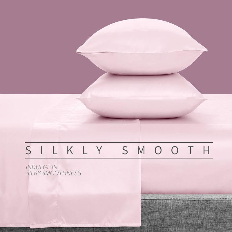 COBEDZY 4 PCS Bloush Pink Satin Sheets Size Siled Silky Satin Sheets مع 1 ورقة مسطحة 1 ورقة مسطحة 2 Plowcase - Image 3