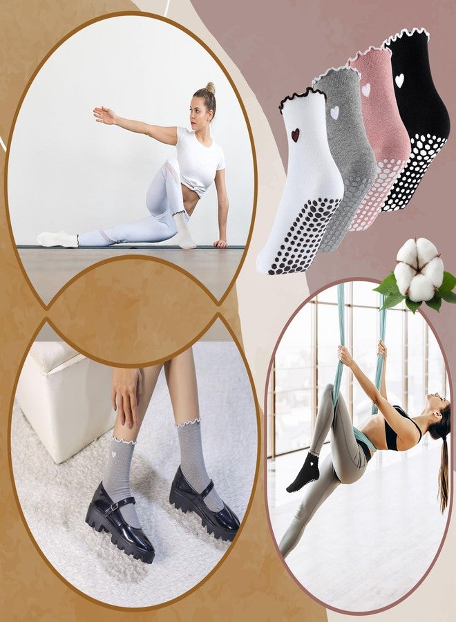 Skicuff جوارب سكيكوف اللطيفة للتمارين الرياضية النسائية مع مقابض، 4 أزواج، جوارب يوغا مكشكشة مانعة للانزلاق لتمارين الباليه حافية القدمين (اللون ج) - Image 5