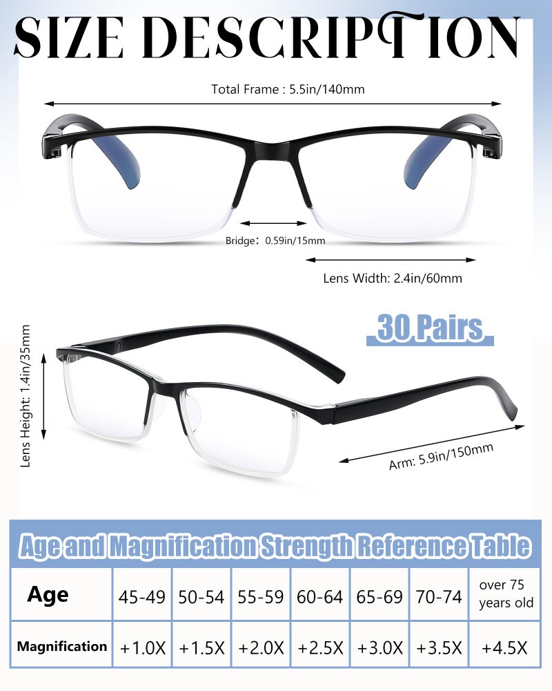 Copkim 30 Pcs Reading Glasses Men Bulk Blue Light Blocking Spring Hinges Half Frame Reading Glasses For Men Women(Black 2.5X) - Image 2