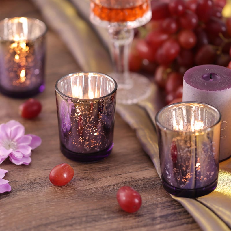 Volens Purple Votive Candle Holders Set of 12, Speckles Mercury Glass Tealight Candle Holder Bulk for Table Wedding Centerpiece, Purple and Gold Party Decorations & Home Decor - Image 5