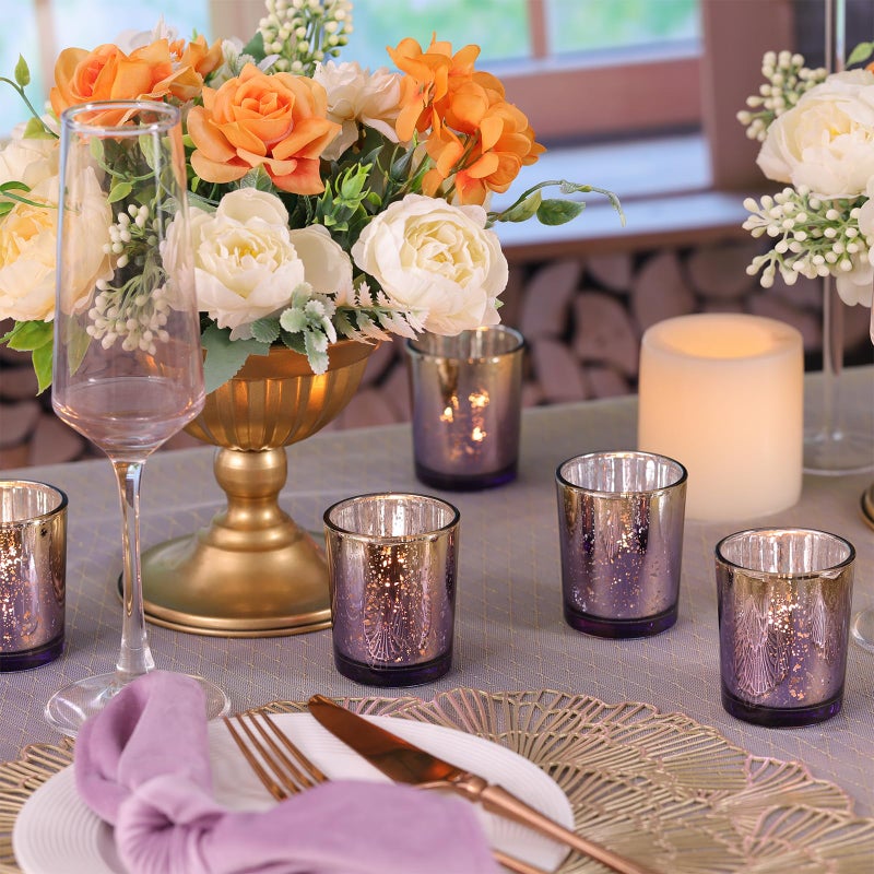 Volens Purple Votive Candle Holders Set of 12, Speckles Mercury Glass Tealight Candle Holder Bulk for Table Wedding Centerpiece, Purple and Gold Party Decorations & Home Decor - Image 4