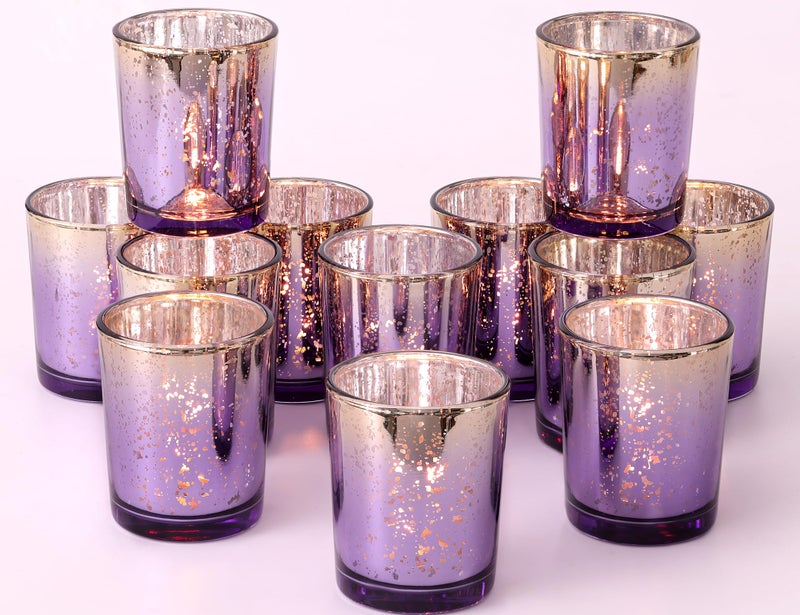 Volens Purple Votive Candle Holders Set of 12, Speckles Mercury Glass Tealight Candle Holder Bulk for Table Wedding Centerpiece, Purple and Gold Party Decorations & Home Decor - Image 1