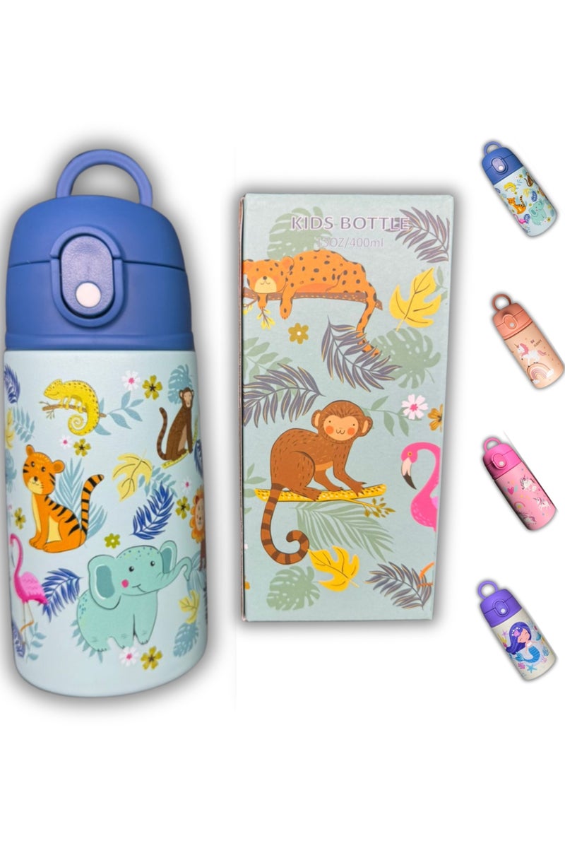 سبرينترز زجاجة ماء للأطفال مع رسومات حيوانات الغابة – 400 مل ترمس ستانلس ستيل مع مصاصة – معزولة حرارياً، مانعة للتسرب، خالية من مادة BPA – زجاجة قابلة لإعادة الاستخدام للمدرسة والسفر ووجبة الغداء - Image 1