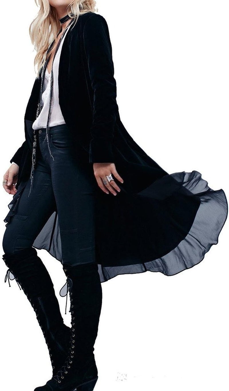 R.Vivimos Women's Ruffled Asymmetric Long Velvet Blazer Coat - Black - Image 1
