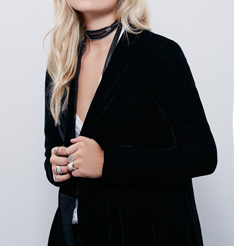 R.Vivimos Women's Ruffled Asymmetric Long Velvet Blazer Coat - Black - Image 3