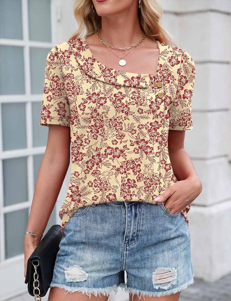 LUYAA Ladies Tops and Blouses Asymmetrical Square Neck Short Sleeve Shirts Summer Clothes Blouses for Women Dressy Casual Apricot Red Floral S - Image 4