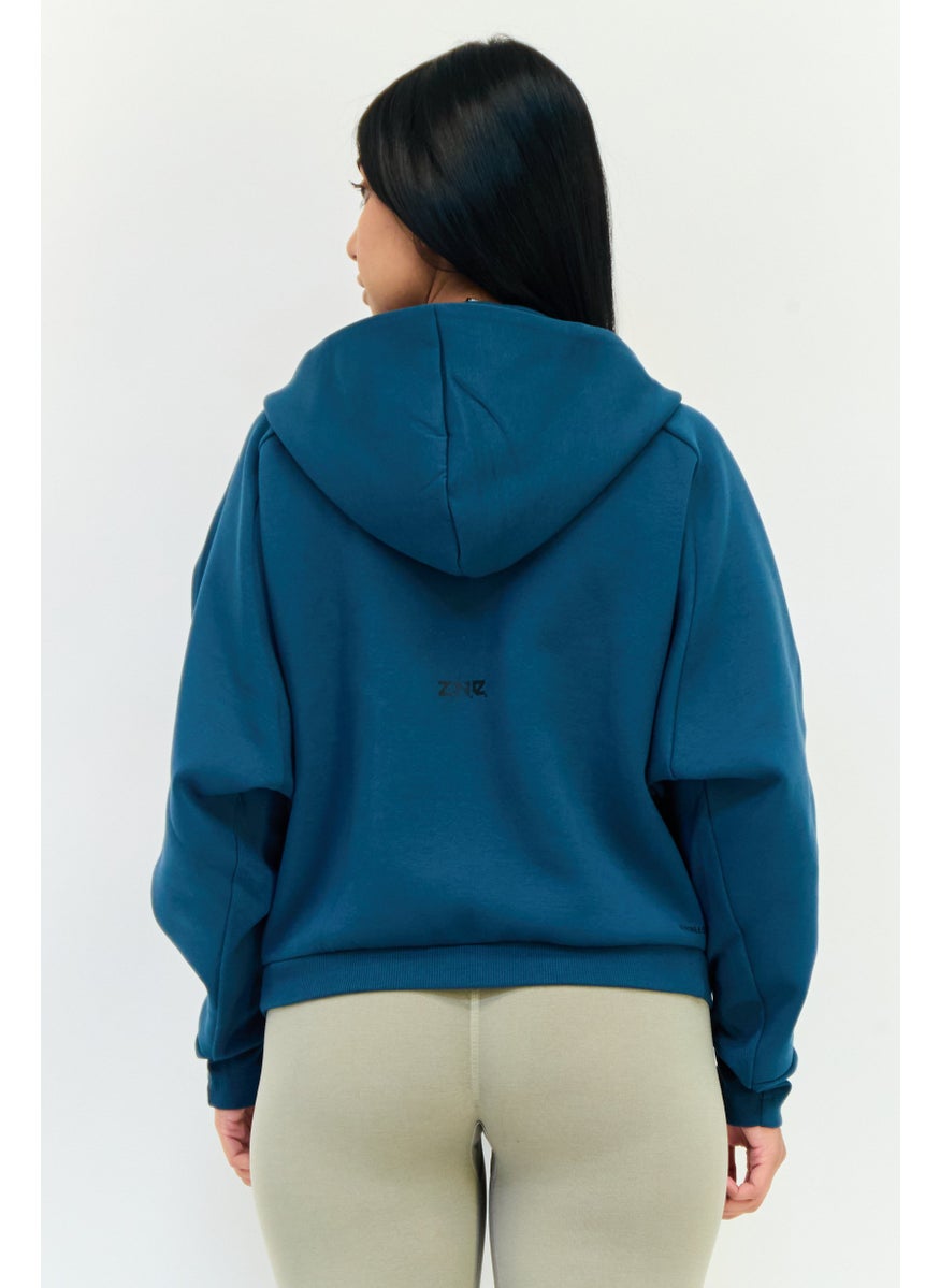 Adidas Women Sportswear Fit Long Sleeve Outdoor Hoodie, Dark Teal Blue  - Image 3