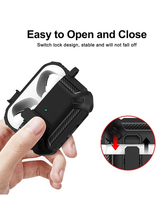 Airpods Pro 2 Generation Case Cover, Military Hard Shell Protective Armor with Lock, Front LED Visible, Black - Image 2
