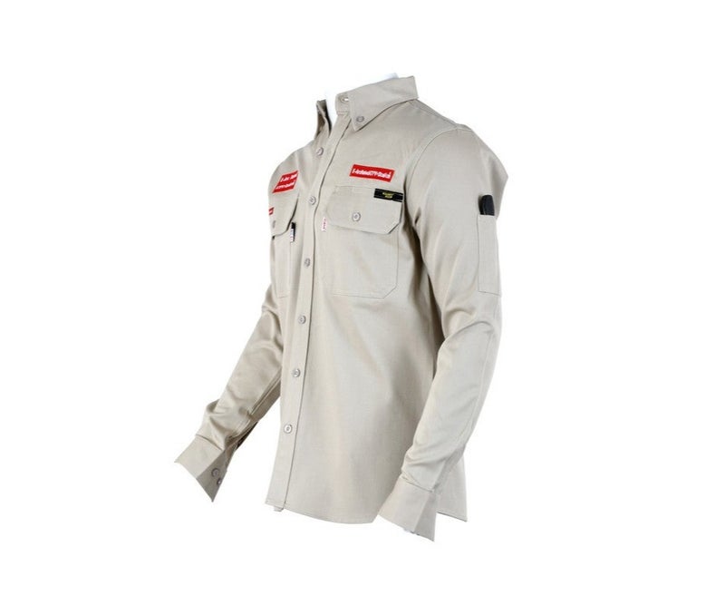 KOMY Fire Retardant Shirt HRC2, 12 CAL / CAT-2, 320 GSM, 88% Cotton, 12% Nylon, Mercerized Pre-Sharunk Fabric , PROBAN Fire Retardant 3/1 LHT -  KMFR420P - Beige - Image 1