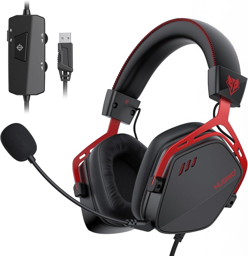 نوبو سماعة رأس HG03 USB-A للألعاب مع صوت محيطي 7.1 وصوت FPS، سماعات سلكية مع ميكروفون لإلغاء الضوضاء، تصميم مريح لأجهزة الكمبيوتر واللابتوب - أسود أحمر - Image 1