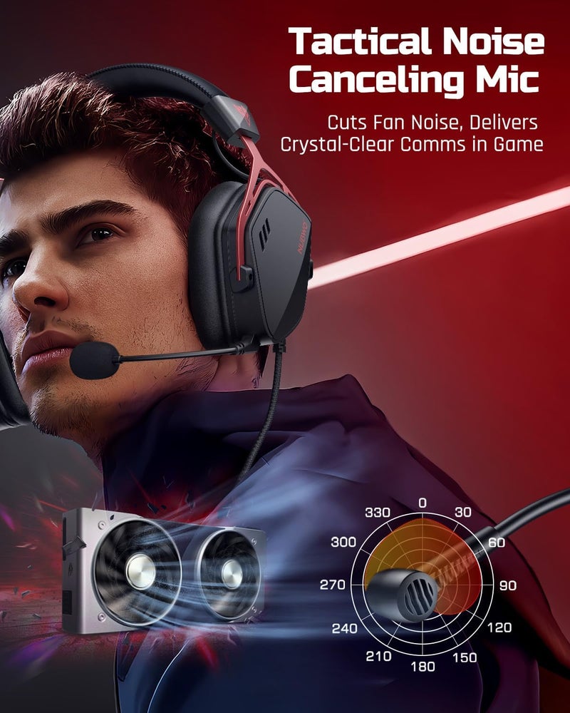نوبو سماعة رأس HG03 USB-A للألعاب مع صوت محيطي 7.1 وصوت FPS، سماعات سلكية مع ميكروفون لإلغاء الضوضاء، تصميم مريح لأجهزة الكمبيوتر واللابتوب - أسود أحمر - Image 5