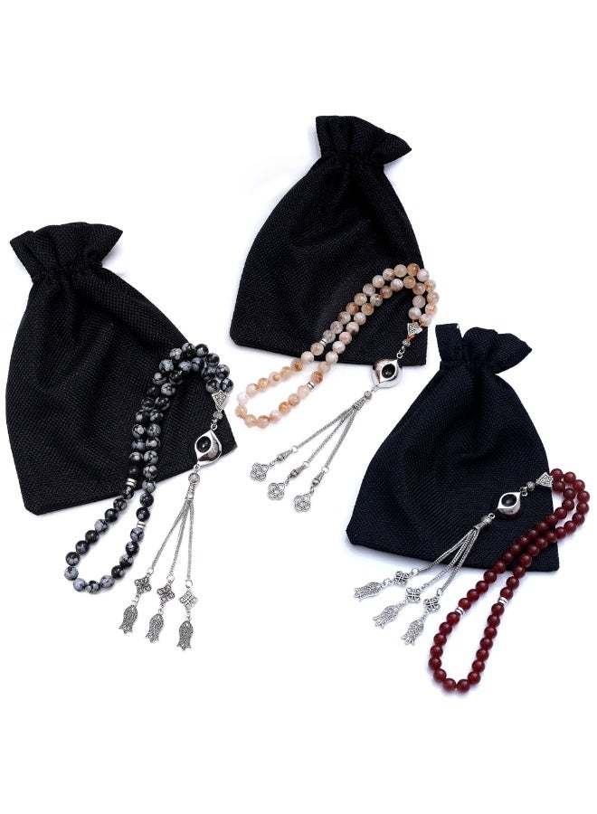 سبحتي  3 سبحة مع حجر عقيق و ندفة الثلج و سترين / 8 ملي - 45 خرز / الأجزاء المعدنية - Image 2