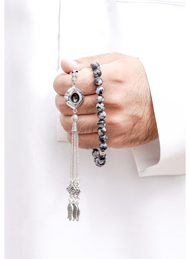 سبحتي  3 سبحة مع حجر عقيق و ندفة الثلج و سترين / 8 ملي - 45 خرز / الأجزاء المعدنية - Image 4