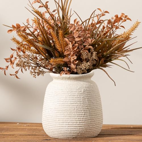 ooit Ceramic Flower Vase, 7.48 Inch White Rustic Farmhouse Decorative Vase Pottery Wide-Mouth Vases for Home Decor Table Living Room Entryway Mantel Bookshelf Bedroom Bathroom Kitchen - Image 1