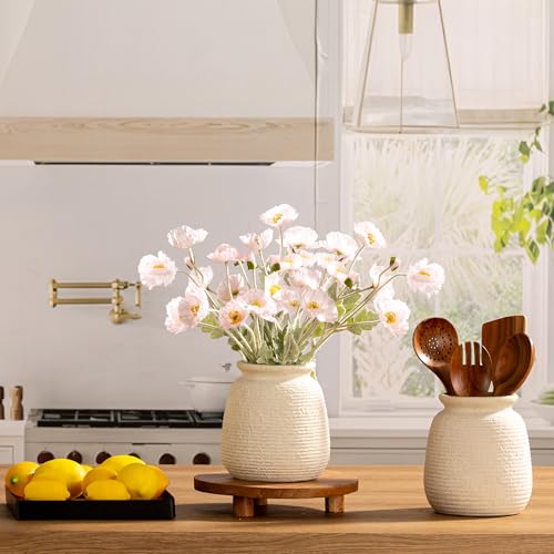 ooit Ceramic Flower Vase, 7.48 Inch White Rustic Farmhouse Decorative Vase Pottery Wide-Mouth Vases for Home Decor Table Living Room Entryway Mantel Bookshelf Bedroom Bathroom Kitchen - Image 4