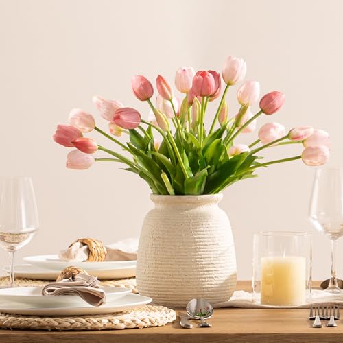 ooit Ceramic Flower Vase, 7.48 Inch White Rustic Farmhouse Decorative Vase Pottery Wide-Mouth Vases for Home Decor Table Living Room Entryway Mantel Bookshelf Bedroom Bathroom Kitchen - Image 5