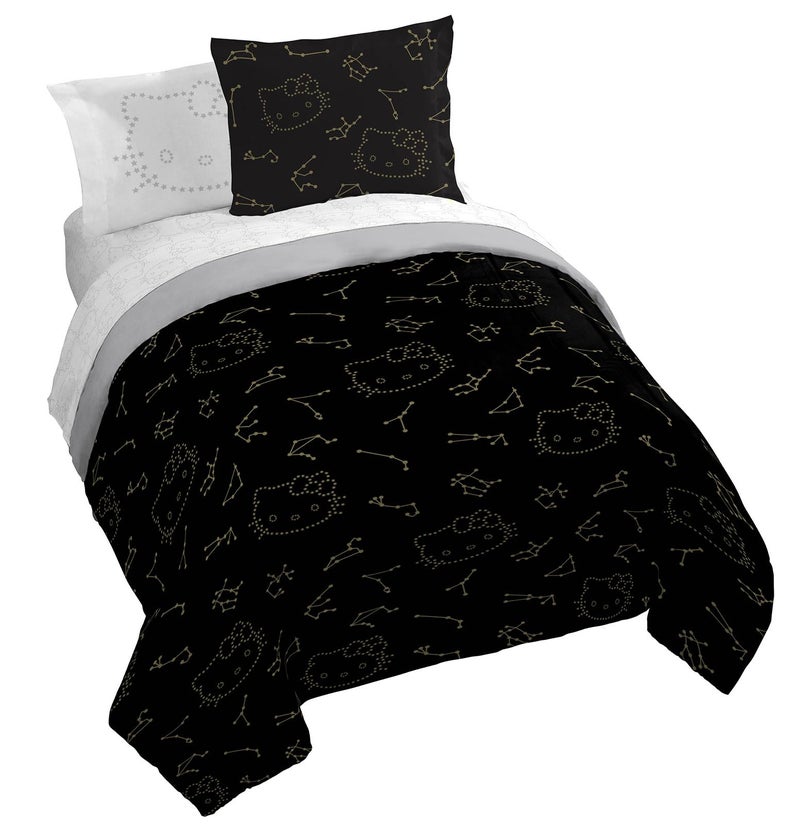 Jay Franco Hello Kitty Stars Queen Comforter Set  7 Piece Bedding Includes Sheet Set  Pillow Covers  Super Soft Zodiac Black  Gold Bedding
