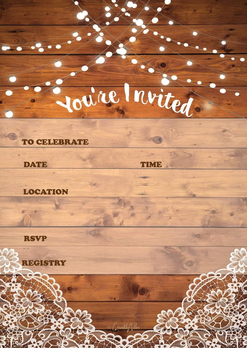 QualityVibe 25 rustic invitations & 25 envelopes for wedding, bridal shower, birthdays, engagements, bachelorettes This barn rustic invite style is also great for housewarming, retirement & rehersal parties. - Image 1